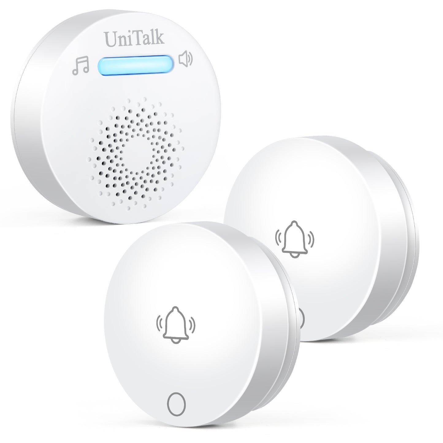 UniTalk Wireless Doorbell, Self-powered Doorbell, No Battery Required Push Button, Cordless Door Chime Kit with 36 Chimes, 8 Adjustable Volume and 500FT Wireless Range(1R2T)