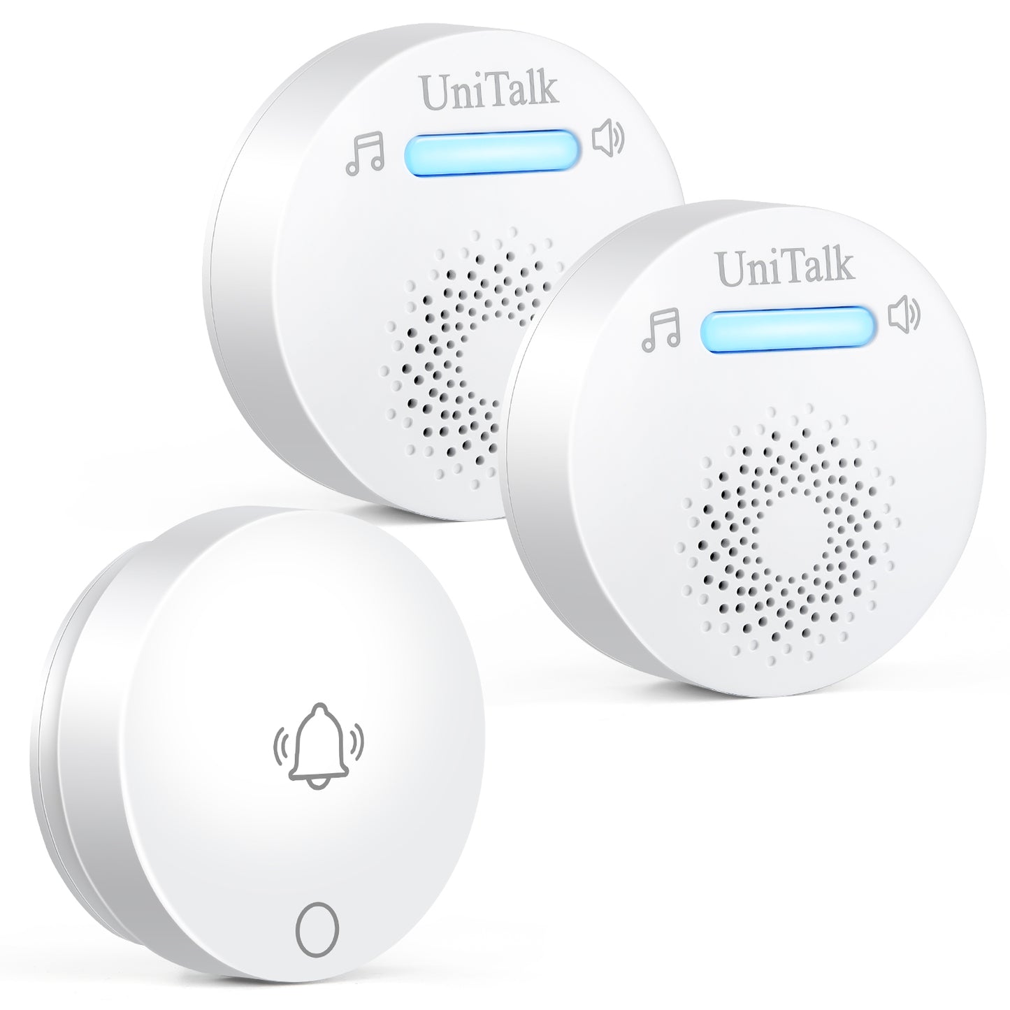 UniTalk Wireless Doorbell, Self-powered Doorbell, No Battery Required Push Button, Cordless Door Chime Kit with 36 Chimes, 8 Adjustable Volume and 500FT Wireless Range(2R1T)