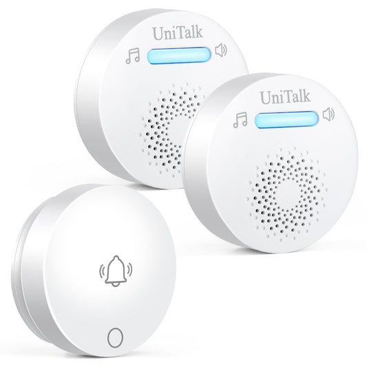 UniTalk Wireless Doorbell, Self-powered Doorbell, No Battery Required Push Button, Cordless Door Chime Kit with 36 Chimes, 8 Adjustable Volume and 500FT Wireless Range(2R1T)