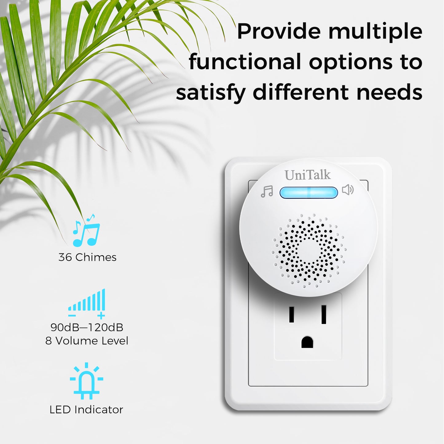 UniTalk Wireless Doorbell, Self-powered Doorbell, No Battery Required Push Button, Cordless Door Chime Kit with 36 Chimes, 8 Adjustable Volume and 500FT Wireless Range(1R2T)