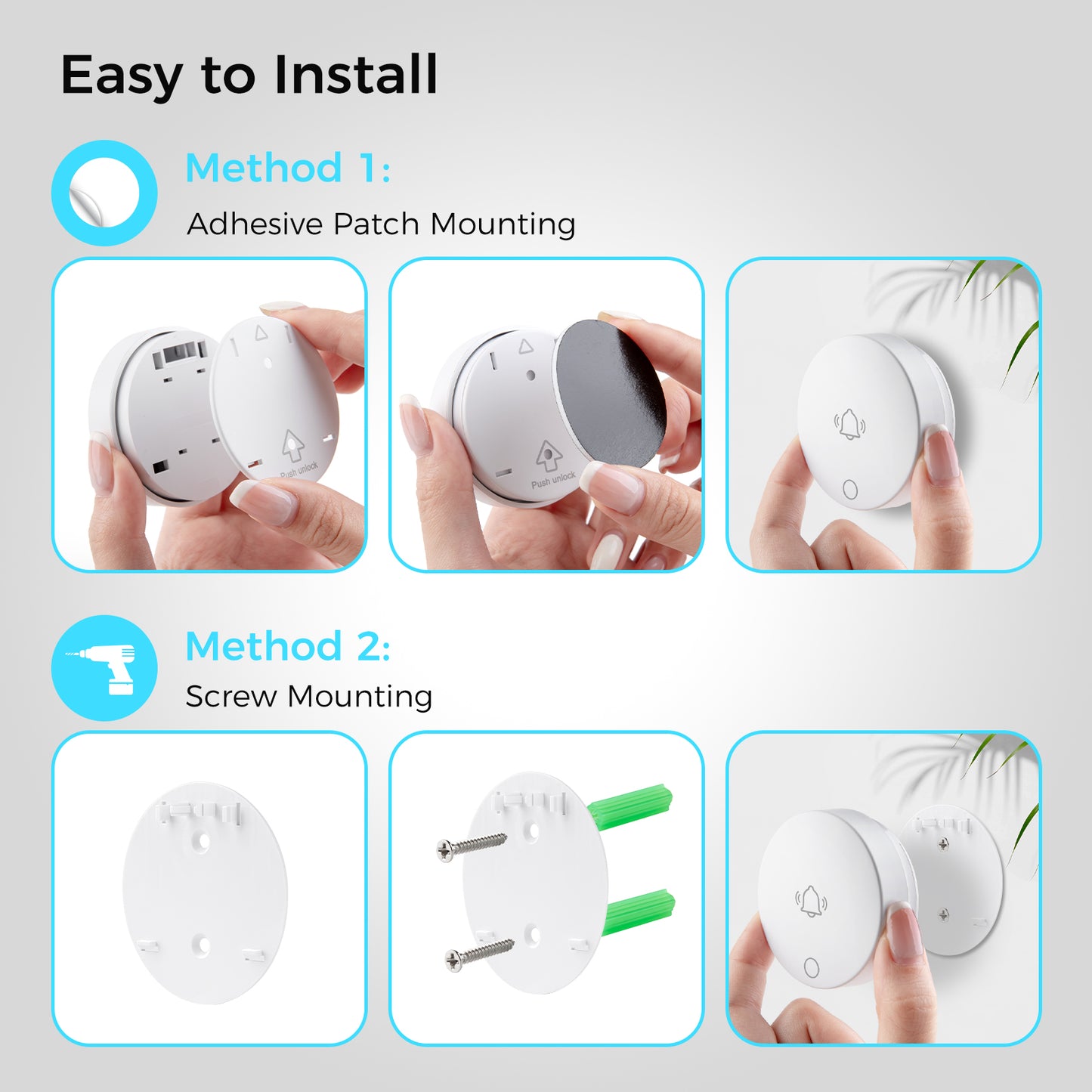 UniTalk Wireless Doorbell, Self-powered Doorbell, No Battery Required Push Button, Cordless Door Chime Kit with 36 Chimes, 8 Adjustable Volume and 500FT Wireless Range(1R2T)