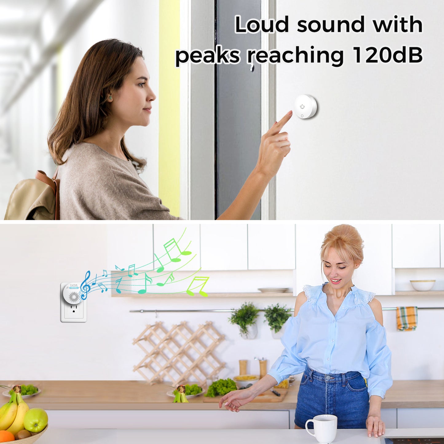 UniTalk Wireless Doorbell, Self-powered Doorbell, No Battery Required Push Button, Cordless Door Chime Kit with 36 Chimes, 8 Adjustable Volume and 500FT Wireless Range(1R2T)