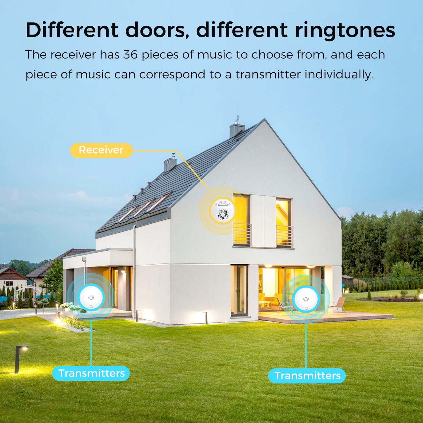 UniTalk Wireless Doorbell, Self-powered Doorbell, No Battery Required Push Button, Cordless Door Chime Kit with 36 Chimes, 8 Adjustable Volume and 500FT Wireless Range(1R2T)