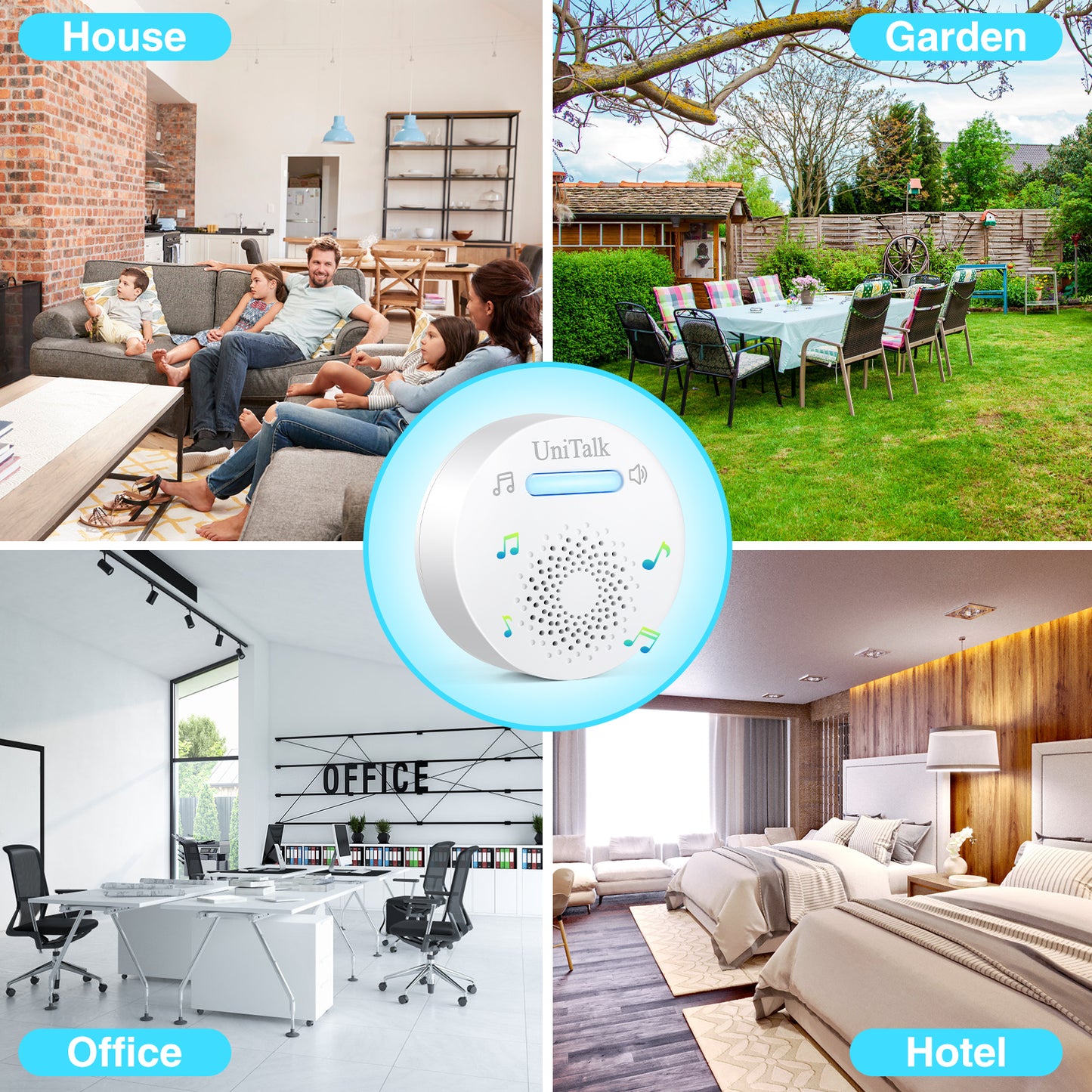 UniTalk Wireless Doorbell, Self-powered Doorbell, No Battery Required Push Button, Cordless Door Chime Kit with 36 Chimes, 8 Adjustable Volume and 500FT Wireless Range(1R2T)